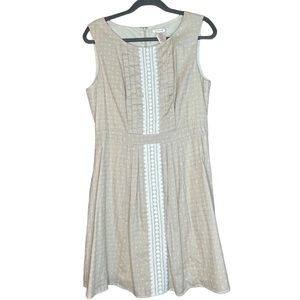 NWT Esley Linen Cotton Swiss Dot Tan Dress with White Lace Hidden Zipper Size L